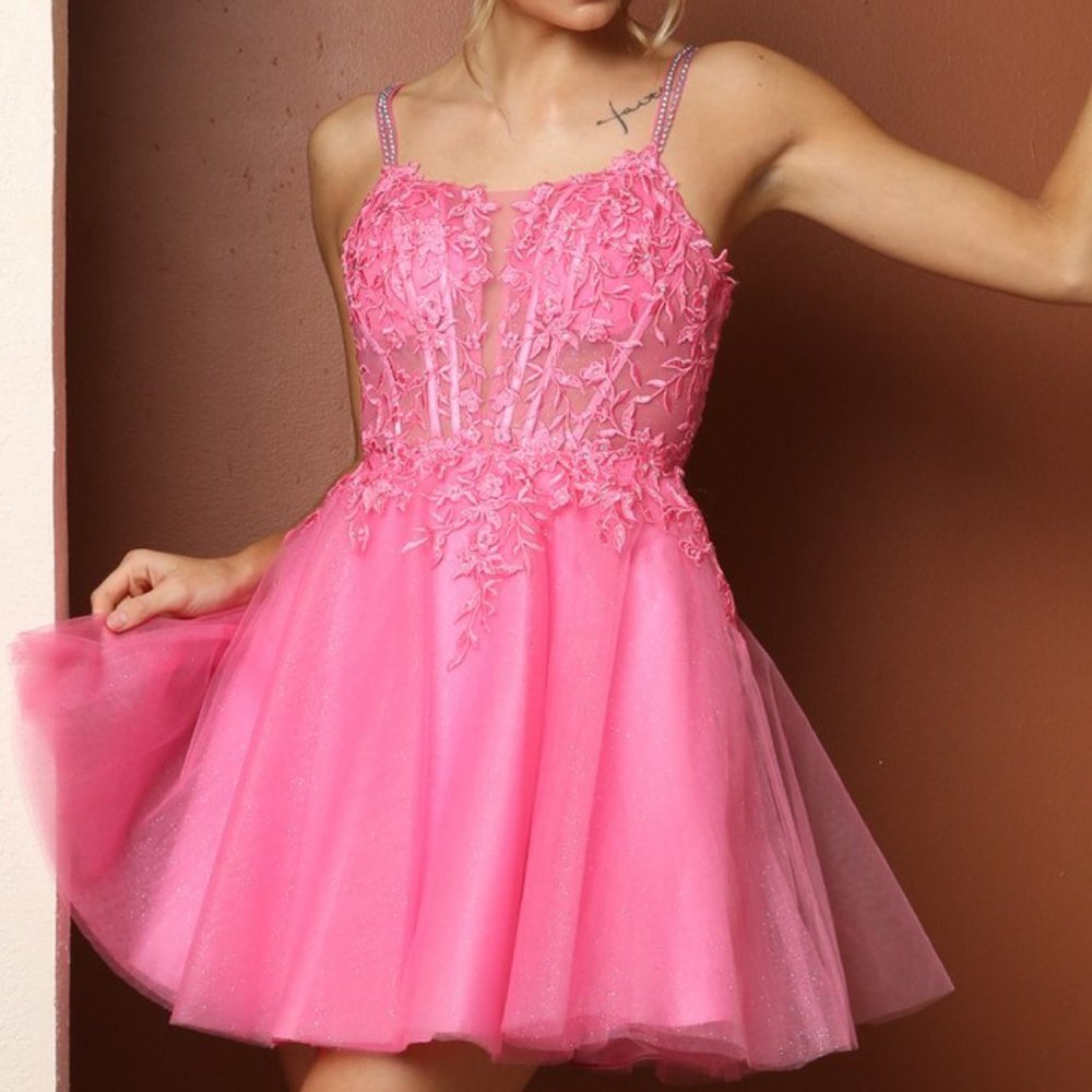 NEW PINK OFF THE SHOULDER SLEEVELESS EMBROIDERY MINI GOWN WITH STRAPS NX T724 - Picture 5 of 8